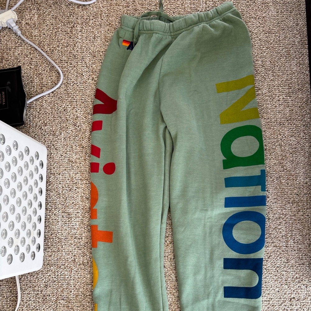 Aviator Nation Jogger Sweatpants Womens Small Green Drawstring Spell Out